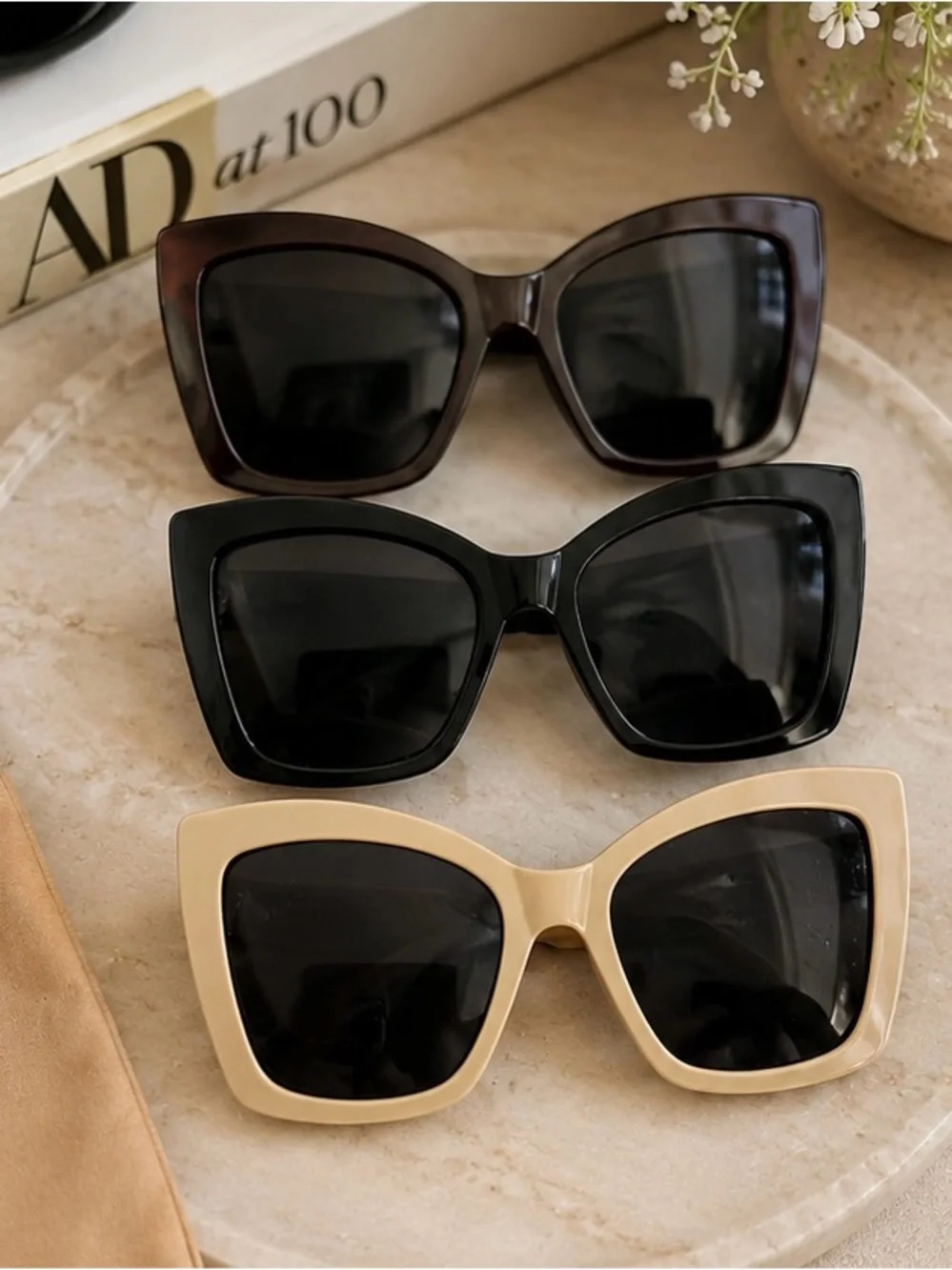 Stylish Oversized Cat-Eye set of 3 Sunglasses - Black, Brown, Cream
